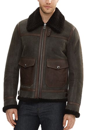 Brown Shearling Sheepskin Bomber Leather Jacket for Men