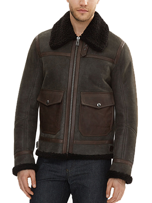 Men-Shearling-Sheepskin-Leather-Jacket Brown Shearling Sheepskin Bomber Leather Jacket for Men