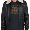 Men's Black Leather Bomber Jacket with Fur Collar