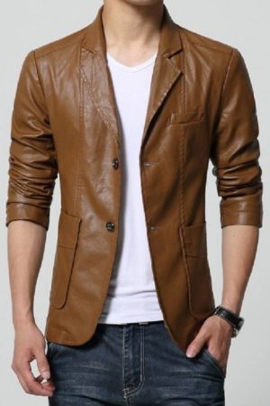 Casual wear slim-fit Brown leather blazer