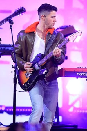 Singer Nick Jonas Orange Fur Collar Brown leather Jacket