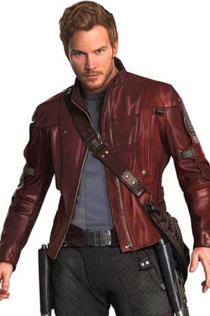 Actor Chris pratt wearing the Maroon Color Jacket in Guardians Of The Galaxy 2 Star Lord Maroon Jacket