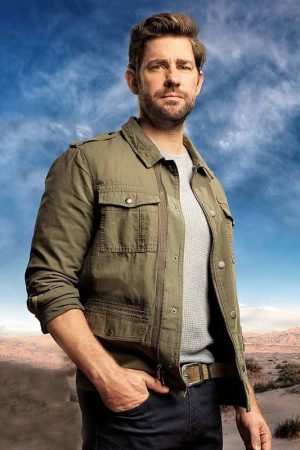 Actor John Krasinski wearing a green cotton jacket in TV Series Tom Clancy's Jack Ryan