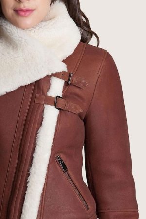 A Girl Wearing Brown Leather Sheepskin Shearling Jacket
