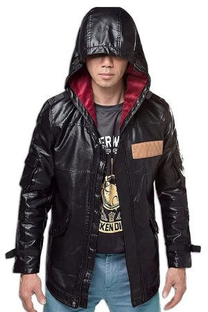 A Guy Wearing T-Shirt and Blue jeans and outwear black hooded leather jacket