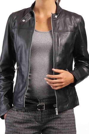 Women Snap Tab Collar Leather Jacket