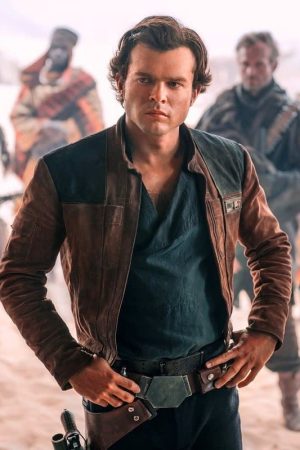 Alden Ehrenreich Wearing A Brown Suede Leather Jacket in Solo: A Star Wars Story Han Solo
