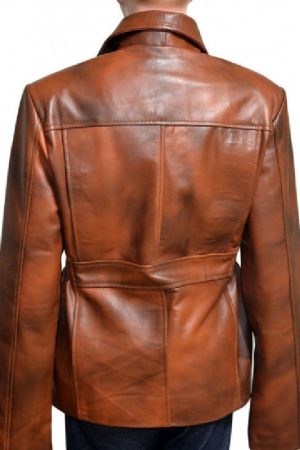 Jennifer Lawrence Wearing A Brown Leather Jacket In Film Series The Hunger Games as Katniss Everdeen
