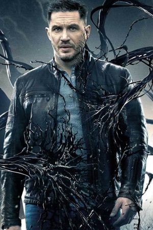 Tom Hardy Wearing A Leather Jacket on the Action Film Venom as Eddie Brock