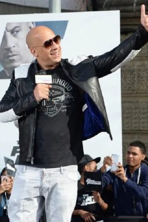 Vin Diesel Wearing A Stylish White + Black Leather Jacket in Film Event F9 The Fast Saga