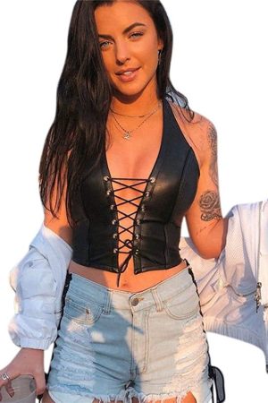 A Young Women Wearing Sexy Black Tops Halter Lace Up Vest Outfit