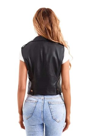 A Young Women Wearing A Black Leather Vest for Sale