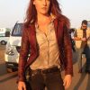 Ali Larter Wearing White Maroon Leather Blazer on White Shirt in Resident Evil The Final Chapter