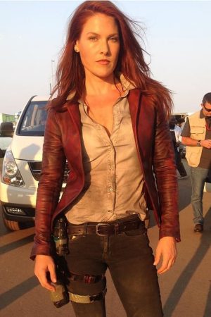 Ali Larter Wearing White Maroon Leather Blazer on White Shirt in Resident Evil The Final Chapter