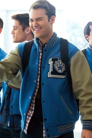 Brandon Flynn Wearing A Blue Baseball Bomber Jacket In 13 Reasons Why