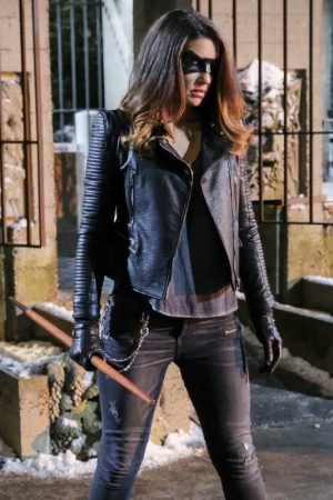 Juliana Harkavy Wearing A Black Biker Styel Leather Jacket In Drama Series Arrow