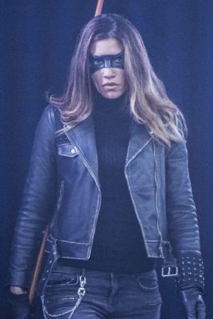 Juliana Harkavy Wearing A Leather Jacket In Arrow
