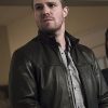 Stephen Amell Wearing Black Leather Jacket In Arrow Series