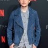 Actor Noah Schnapp Wearing Blue Suede Leather Jacket In Stranger Things Event