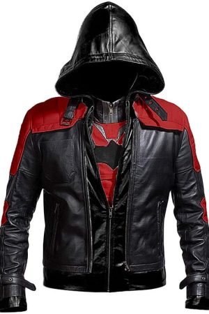 Arkham Knight Leather Hood Red Black Jacket