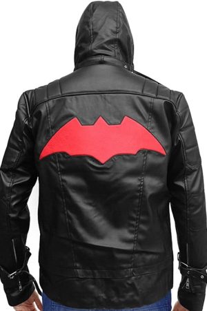 Men Wearing Bat Red Logo Arkham Knight Black Leather Jacket