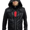 A Men Wearing Black Leather Bat Red Logo Arkham Knight Jacket