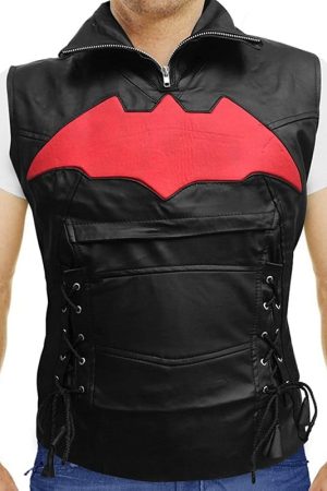 A Young Men Wearing Arkham Knight Bat Logo Black Leather Vest