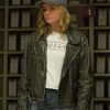 Brie Larson Wearing Distressed Leather Jacket In Captain Marvel Film