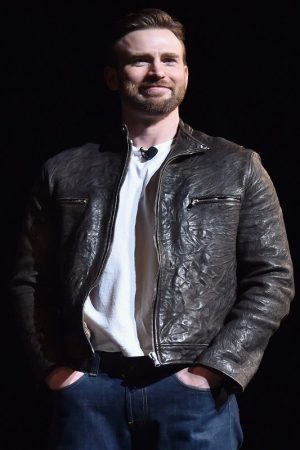 Actor Chris Evans Wearing Black Leather Jacket in Captain America Movie