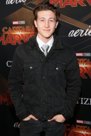 Luke Mullen Wearing Faux Fur Colalr Black Jacket at an event for Captain Marvel