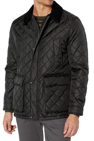 Men Wearing Black Corduroy Collar Quilted Satin Jacket