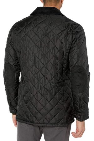 A Men Wearing Black Corduroy Collar Quilted Satin Jacket