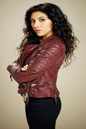 Stephanie Beatriz Wearing Biker Style Maroon Jacket In Brooklyn Nine-Nine Series