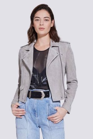 A beautiful lady wearing gray suede leather jacket