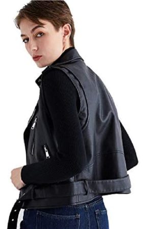 A Young Ladies wearing Motorcycle Black Leather Vest