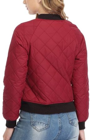 A Young Women Weraring Red Quilted Jacket