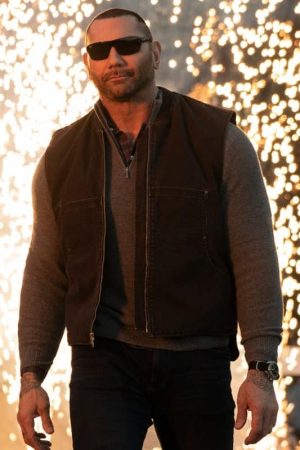 Actor Dave Bautista Wearing Brown Vest In My Spy as JJ