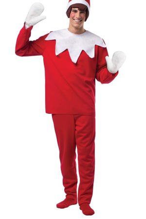 A Men Wearing Elf on a Shelf Red Christmas Costume