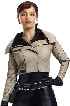 Emilia Clarke Wearing Leather Jacket In Solo: A Star Wars Story as Qi'ra