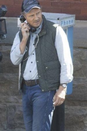 Actor Liam Neeson Wearing Green Quilted Vest In Movie The Marksman as Jim