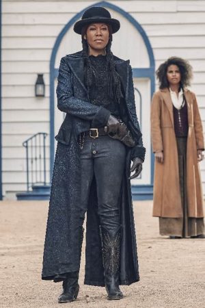 Regina King Wearing Black Coat In The Harder They Fall