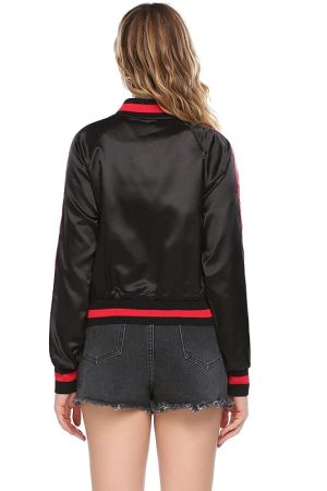 Women Wearing Red Striped Slimfit Black Satin Jacket