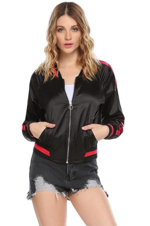 A Young Women Wearing Red Striped Slimfit Black Jacket