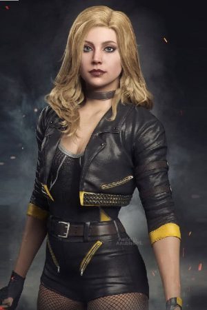 A Young Women Wearing Injustice 2 Black Canary Crop Leather Jacket