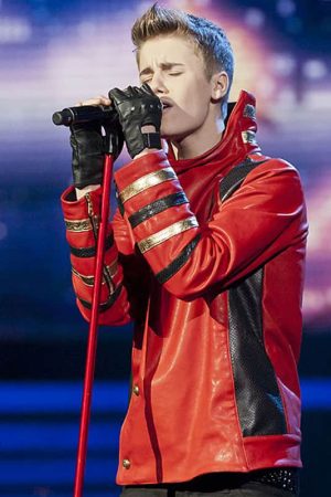 The X Factor U.K. Justin Bieber Wearing Red Leather Jacket