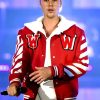 Singer Justin Bieber Wearing Letterman Word W Red Jacket