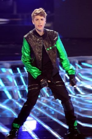 Justin Bieber Wearing Green Sleeves Black Leather Jacket