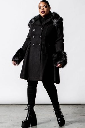 A Women Wearing Fur Collar Black Wool Coat