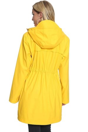 A Yung Women Wearing Yellow Waterproof Hooded Raincoat