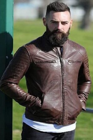 A Men Wearing Cafe Racer Brown Leather Jacket